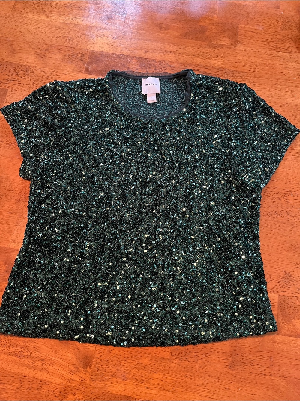 Anthropologie Maeve Emerald Green Sequin Short Sleeve Top
